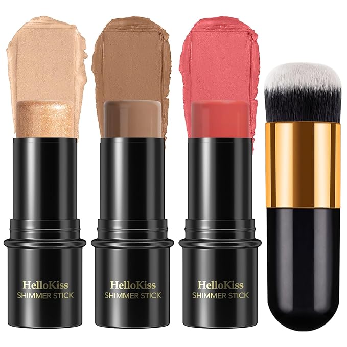 3 Pcs Face Contour Stick Kit, Matte Finish Face Stick Trio with Bronzer Blush Highlighter and Brush, Long Lasting Waterproof Cream Beauty Wand Makeup Set for Sculpt Glowing Face Look (#4, 10, 14)-FemmiqueWomen