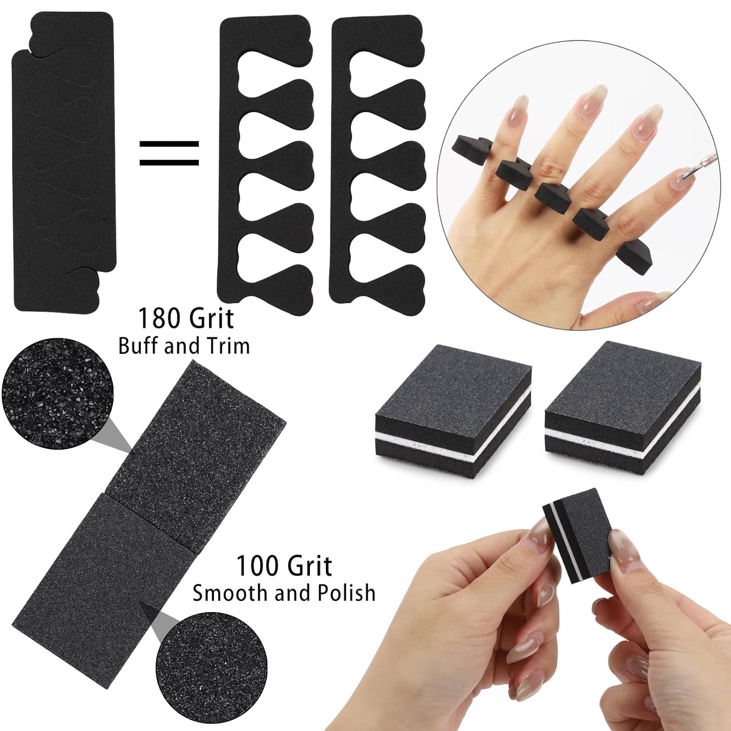 102pcs Toe Separators Set - Premium Pedicure Tool Super Soft Pedicure Toe Separator- Mini Nail Buffer Block File 80/100 Grit 2 Sided, Black-FemmiqueWomen