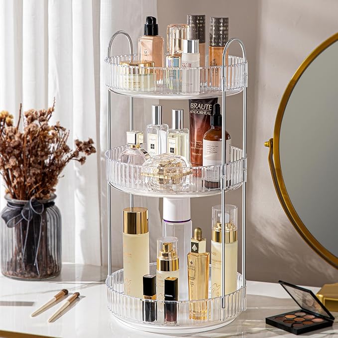 360° Rotating Makeup Organizer for Vanity, Spinning Cosmetics Organizer Holder Rack, Large Capacity Bathroom Organizer Countertop, Fits Perfume, SkinCare, Makeup Brushes 3 Tiers, Transparent-FemmiqueWomen