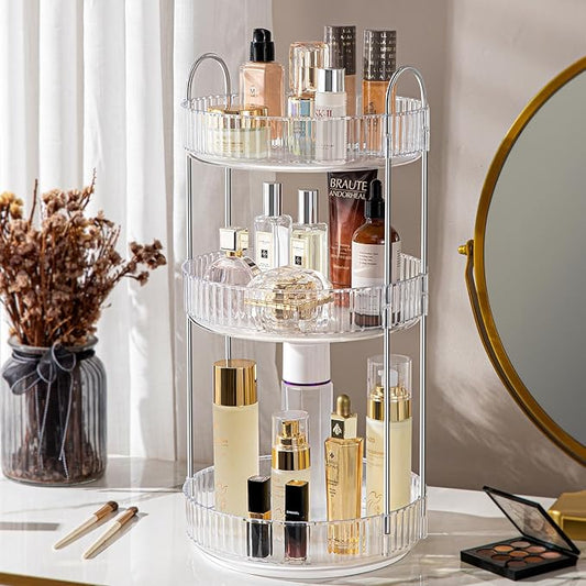 360° Rotating Makeup Organizer for Vanity, Spinning Cosmetics Organizer Holder Rack, Large Capacity Bathroom Organizer Countertop, Fits Perfume, SkinCare, Makeup Brushes 3 Tiers, Transparent-FemmiqueWomen