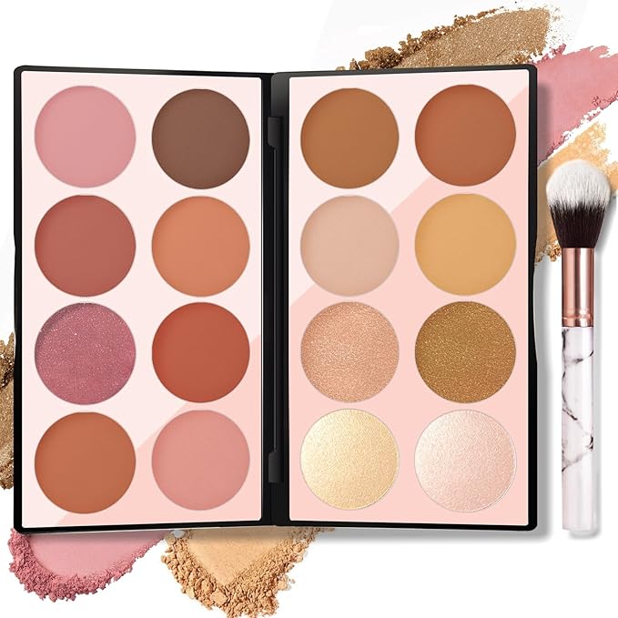 16 Colors Blush Contour Highlighter Makeup Palette with Brush, Matte Mineral Face Blush Powder for Cheek, Bright Shimmer Illuminator Bronzer Professional Facial Beauty Makeup Blushes Set-FemmiqueWomen