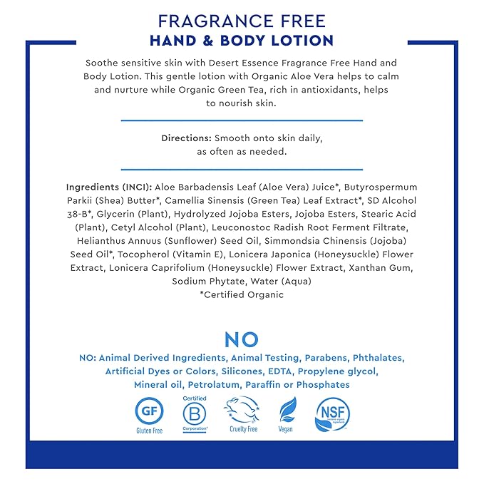 Desert Essence Fragrance Free Hand & Body Lotion - 8 Fl Ounce - Soothing - Aloe Vera - Shea Butter - Green Tea - Coconut Oil - Jojoba Oil-FemmiqueWomen