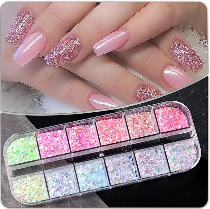 12 Colors Mermaid nail art glitter sequins Iridescent Ice Slag nail glitter flakes Ultra Thin Nail Art Designs 3D holographic nail sequins for Nail Art Supplies Manicure Decoration Accessories-FemmiqueWomen