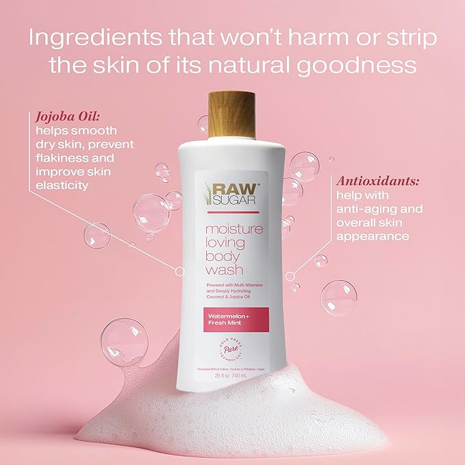 RAW SUGAR Simply Body Wash, (25 Fl Oz, Pack of 1) Bath Soap, Formulated without Sulfates & Parabens (Watermelon + Fresh Mint)-FemmiqueWomen