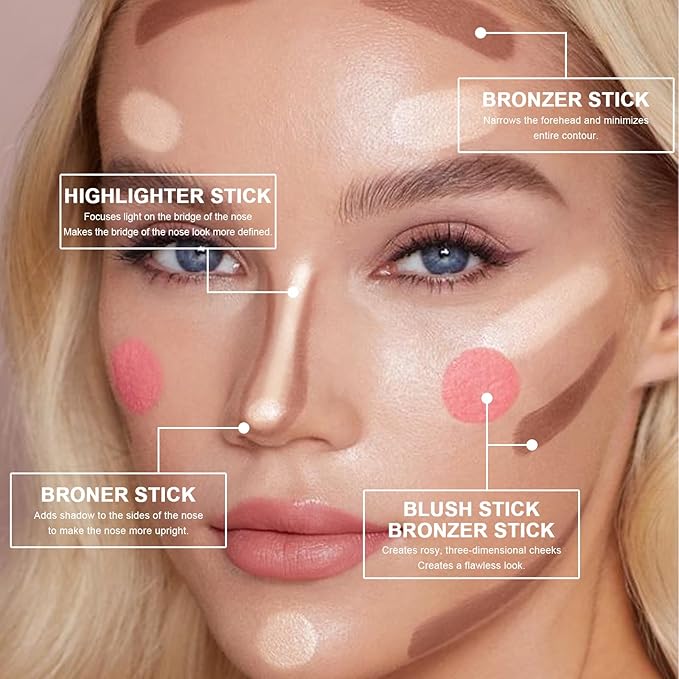 3 Colors Cream Contour Stick, Shades with Highlighter Stick,Blush Stick and Bronzer Contour Stick for Sculpt the Cheeks,Long Lasting,Waterproof,Matte & Dewy Finish for Women (LIGHT(1+3+4))-FemmiqueWomen