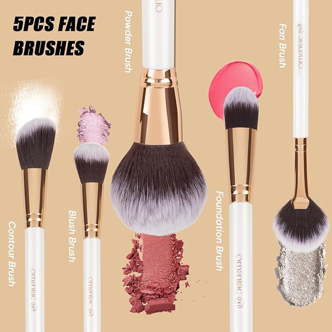 OMANIAC Makeup Brush Set Professional, 12 Pearlescent Wood Handle Makeup Brushes, Premium Cruelty-Free Synthetic Fiber Hair, Travel Make up Brushes Set with Case (White).-FemmiqueWomen
