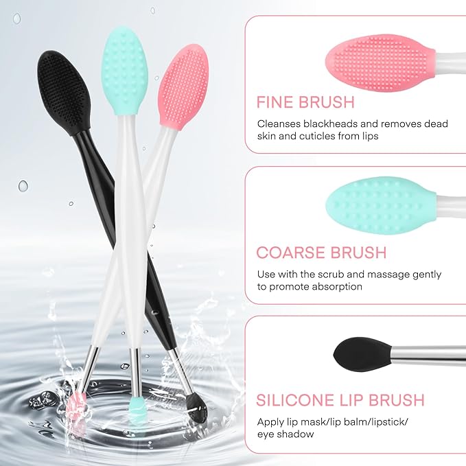 Unaone Lip Scrub Brush - 3 PCS Dual-ended Lip Scrubber Exfoliator and Silicone Lip Brush, 2-in-1 Silicone Lip Scrub Tool Lip Mask Applicator, Gentle Exfoliator & Applicator for Soft-FemmiqueWomen