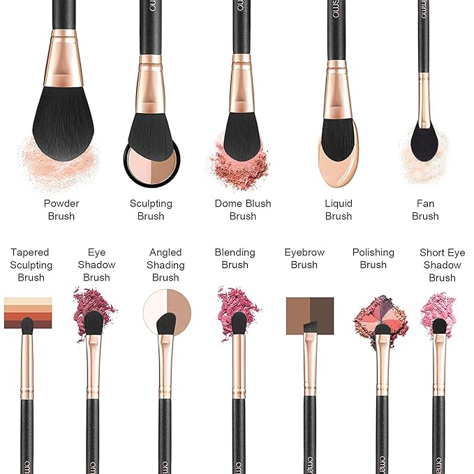 OMANIAC Makeup Brush Set Professional, 12 Pearlescent Wood Handle Makeup Brushes, Premium Cruelty-Free Synthetic Fiber Hair, Travel Make up Brushes Set with Case (Black).-FemmiqueWomen