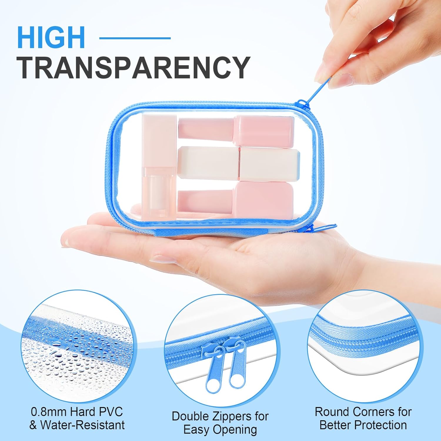 Hoolerry 3 Pcs Clear Hard Zipper Case Plastic Pouch Transparent Hard Case Clear Makeup Bag Portable Travel Organizer Bin for Cosmetics, Building Blocks, Puzzles(Blue,Xs)-FemmiqueWomen