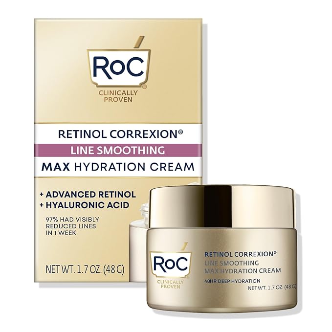 RoC Retinol Correxion Max Daily Hydration Anti-Aging Face Moisturizer with Hyaluronic Acid, Oil Free Skin Care Cream for Fine Lines, Dark Spots, Post-Acne Scars, Retinol Moisturizer, 1.7 Ounces-FemmiqueWomen