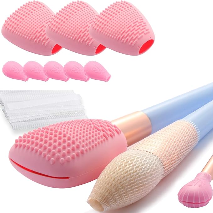 Silicone Travel Make-up Brush Holder with Cleaner Mat Pad, Organizer Case Covers for Foundation Eye Lip Brushes Storage Cleaning, Gift for Women Girl-friend Mother Wife, 3-Pcs Large + 5 Small, Pink-FemmiqueWomen