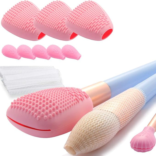 Silicone Travel Make-up Brush Holder with Cleaner Mat Pad, Organizer Case Covers for Foundation Eye Lip Brushes Storage Cleaning, Gift for Women Girl-friend Mother Wife, 3-Pcs Large + 5 Small, Pink-FemmiqueWomen