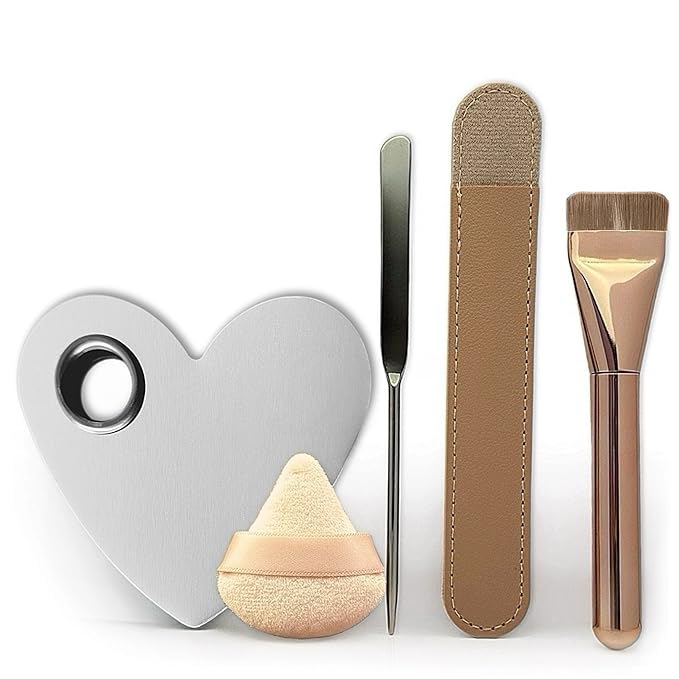 Makeup Brush Set - Flat Foundation Brush, Blender Sponge, Face Spatula, Puff & Heart-Shaped Mixing Palette with Leather Case – Complete Face Makeup Tool Kit for Blending, Foundation & Application-FemmiqueWomen