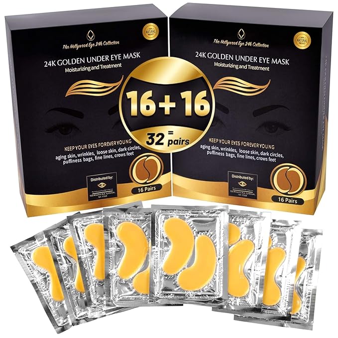 24K Gold Under Eye Patches, Eye Mask,Eye Patches for Puffy Eyes and Dark Circles, Eye Masks Skincare (32 pairs pack of 2 boxes)-FemmiqueWomen