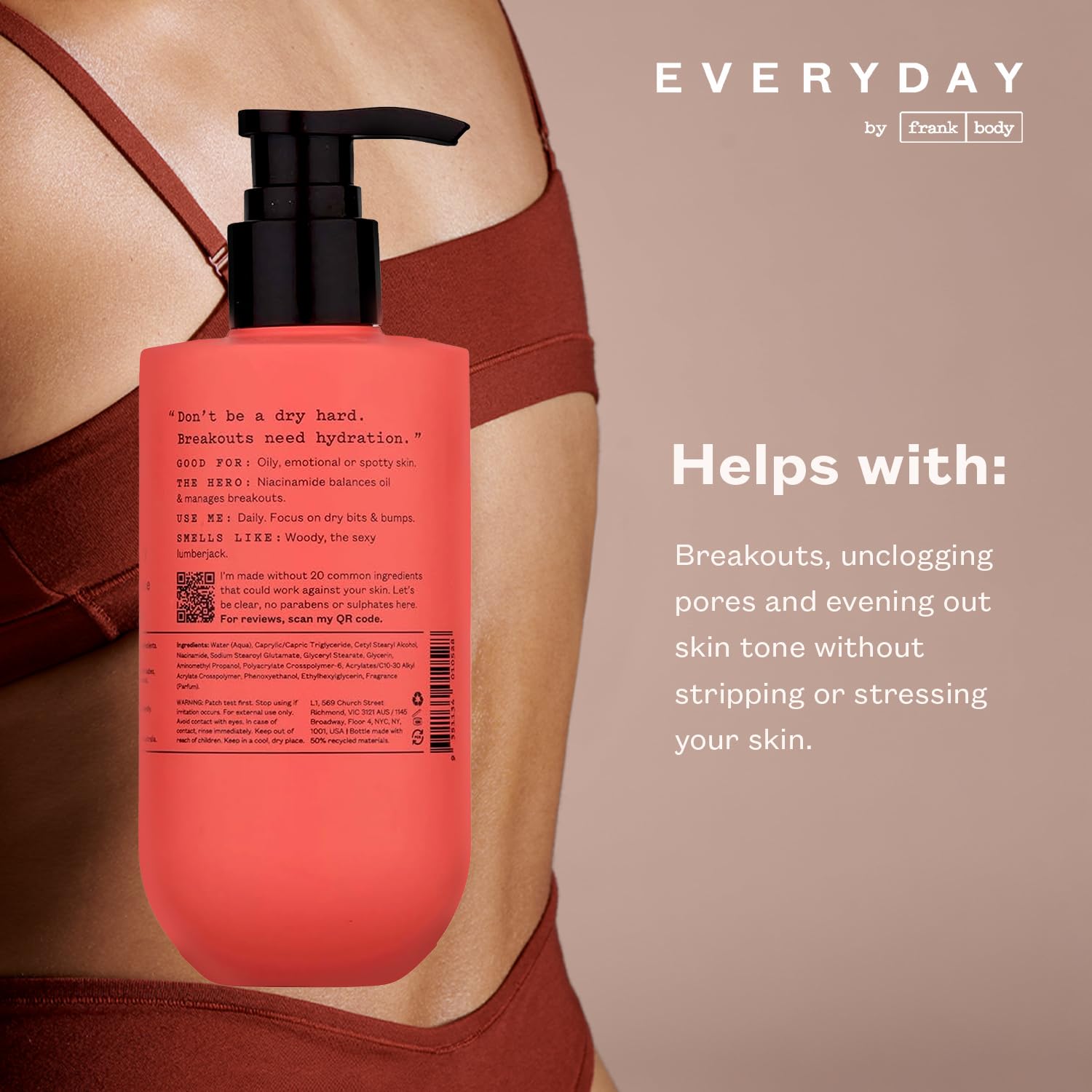 frank body Clearing Body Lotion | Fights Acne & Prevents Fine Lines | Niacinamide & Glycerin | Lightweight, Fast-Absorbing Gel-Lotion | Mandarin & Cedarwood Scent | 250ml-FemmiqueWomen