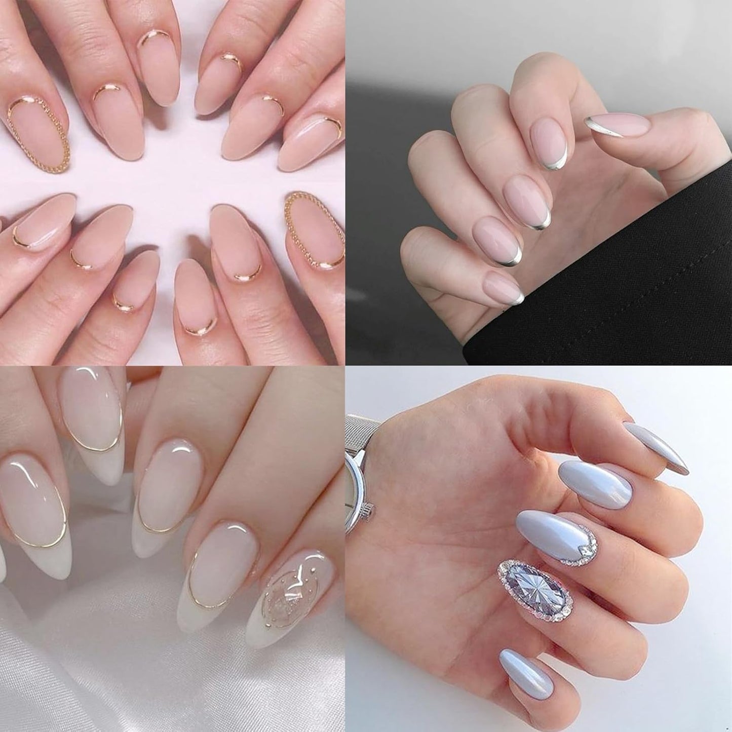 2 Sheets French Tips Nail Art Stickers - 5D Holographic French Simple Gold Silver Line Nail Stickers with Crystal Diamond Design Nail Decals for Women Manicure Decorations-FemmiqueWomen