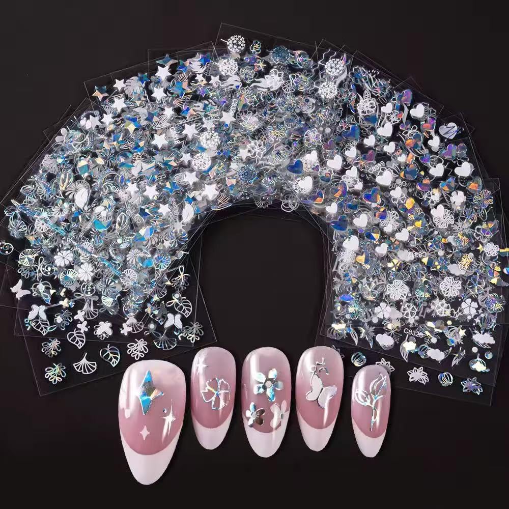 30 Sheets Aurora Flower Nail Art Stickers 3D Self Adhesive Flower Nail Stickers Aurora Moon Star Nail Decals Leaf Heart Nails Art Supplies Charms for Women Manicure Tips Decoration-FemmiqueWomen