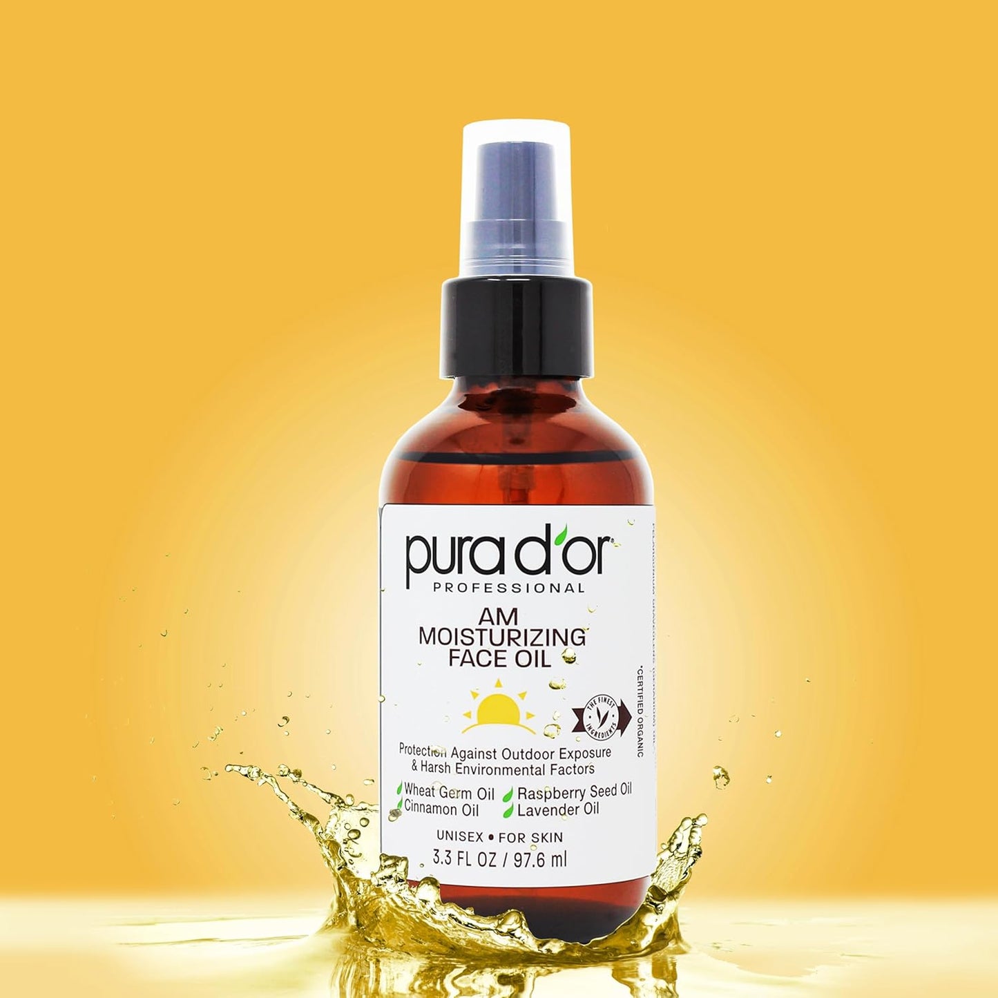 PURA D'OR 3.3 Oz ORGANIC AM Moisturizing Face Oil - Morning Glow Hydrating Skincare -Lightweight Moisturizer for Glowing Skin - All Natural, Vegan, Paraben-Free - Women & Men-FemmiqueWomen