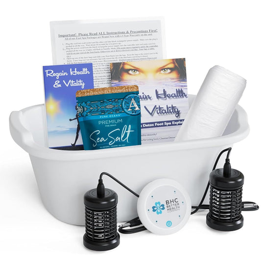 Ionic Foot Bath Detox Machine for Home Use - Free Regain Health & Vitality Booklet & Brochure - 2 Arrays, 20 Basin Liners, Detox Sea Salt, Basin 12QT-FemmiqueWomen