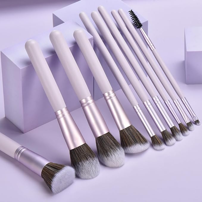 10 Piece Purple Makeup Brushes Set and 3 Piece Makeup Sponge - Wooden Handle with Soft Synthetic Bristles, for Face & Eye Makeup | Professional Cosmetic Brushes | Includes Travel Pouch-FemmiqueWomen