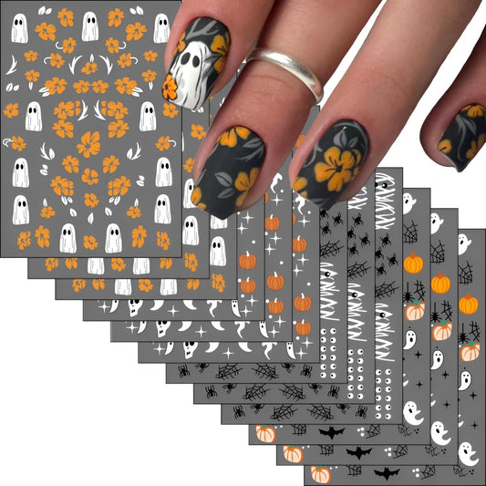 12 Sheets Halloween Nail Stickers for Nail Art 3D Self Adhesive Mummy & Cute Ghost Nail Decals Halloween Nail Stickers with Spider Pumpkin Spider Web Nails Design Flower Nails Supplies for Women Girls-FemmiqueWomen
