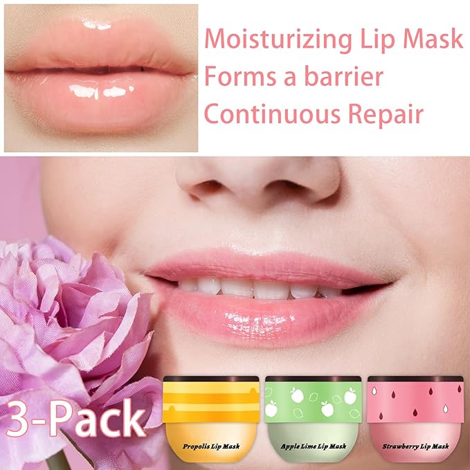 3 PCS Bee Lip Balm Honey Pot, Honey & Strawberry & Apple Lime Lip Mask Overnight Propolis Moisturizing Lip Balm Hydrating Prevention Dry and Crack Lip Scrubs Exfoliator Lip Wrinkle Care (Set A)-FemmiqueWomen