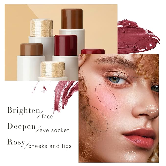 3 Colors Highlilghter Contour Blush Sticks Creamy Sticks for Cheeks, Eyes Cosmetics Stick Set, 3 in 1 Long Lasting Waterproof Moisturizer Makeup Sticks for All Skin-FemmiqueWomen