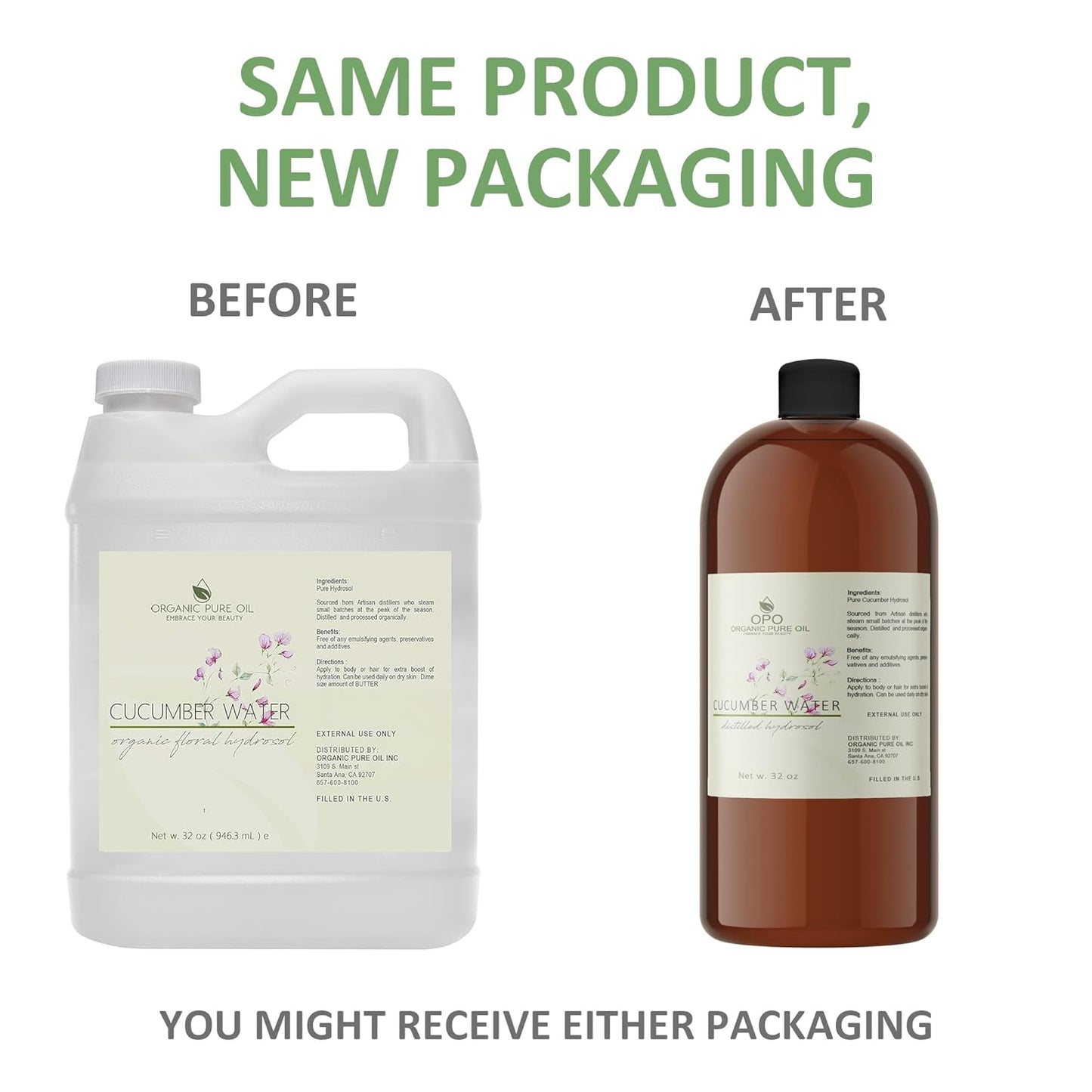OPO Cucumber Hydrosol - Pure Steam Distilled Hydrating Floral Water Bulk Refill 32 oz - 1 Quart for Skin Hair Face, Greasy, Oily Skin Hair Locs Face Cleansing Toning Spray - Packaging May Vary-FemmiqueWomen