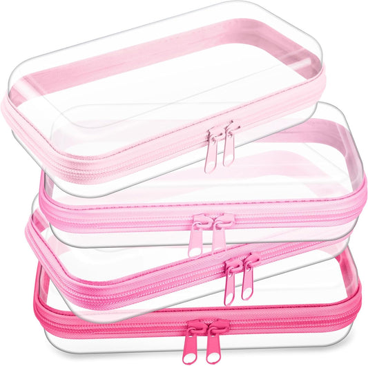 Hoolerry 4 Pcs Hard Clear Zipper Case Makeup Bags Plastic Pencil Pouch Transparent Storage Box Containers for Cosmetics, Snacks, Building Blocks, Puzzles(Pink,7.5 x 3.9 x 2 in)-FemmiqueWomen