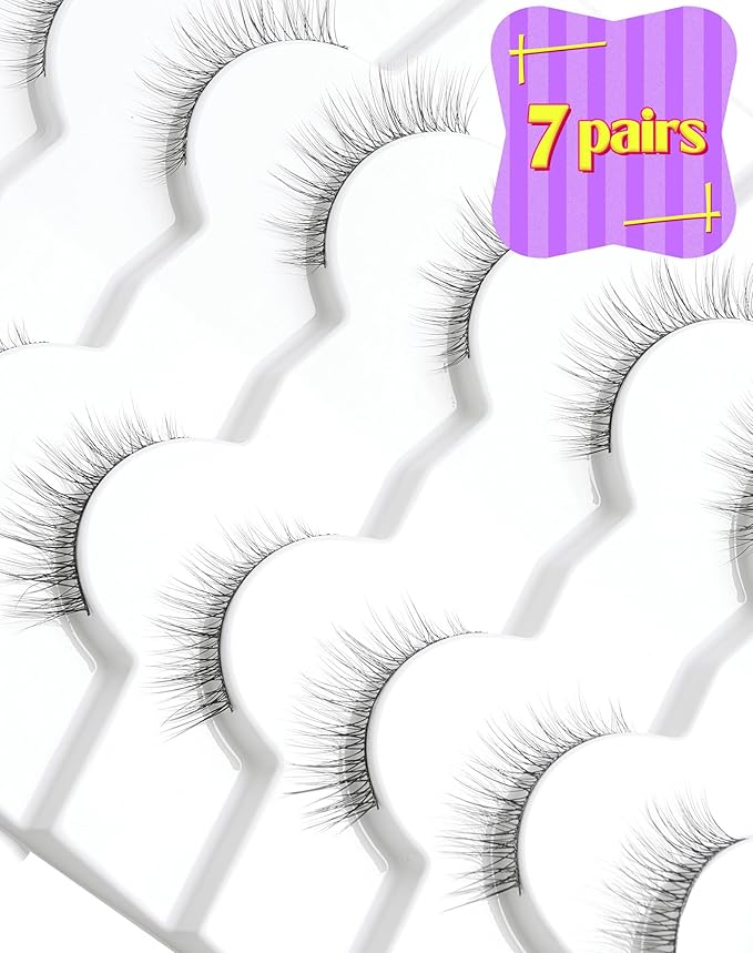 Onlyall Natural Lashes Wispy Lashes Natural Look False Eyelashes Natural Flared Eyelashes False Eye Lashes Soft Fluffy Lashes 7 Pairs DK32, Black-FemmiqueWomen