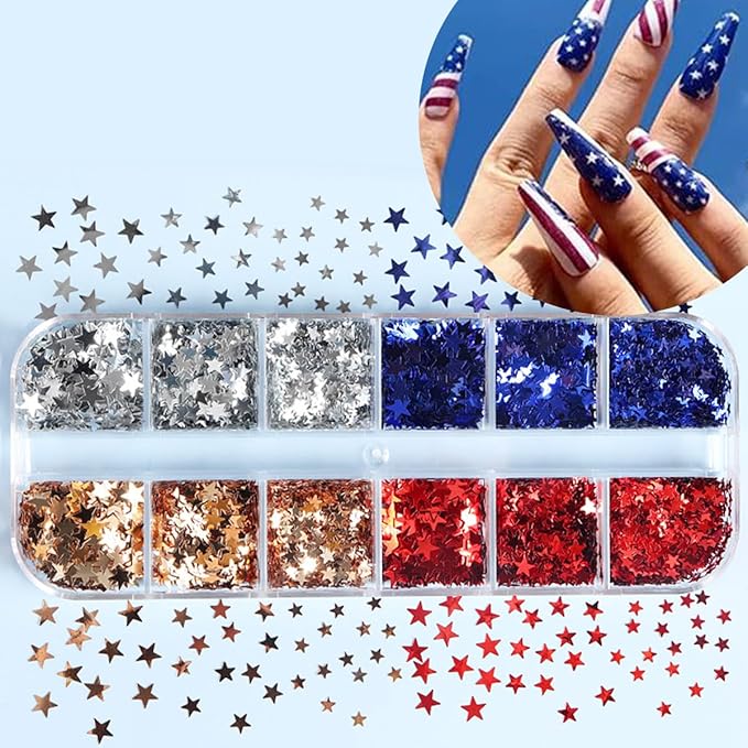 12 Grid July 4th Nail Art Glitter Sequins Independence Day Star Nail Decal Gold Glitter Flakes for Women-FemmiqueWomen