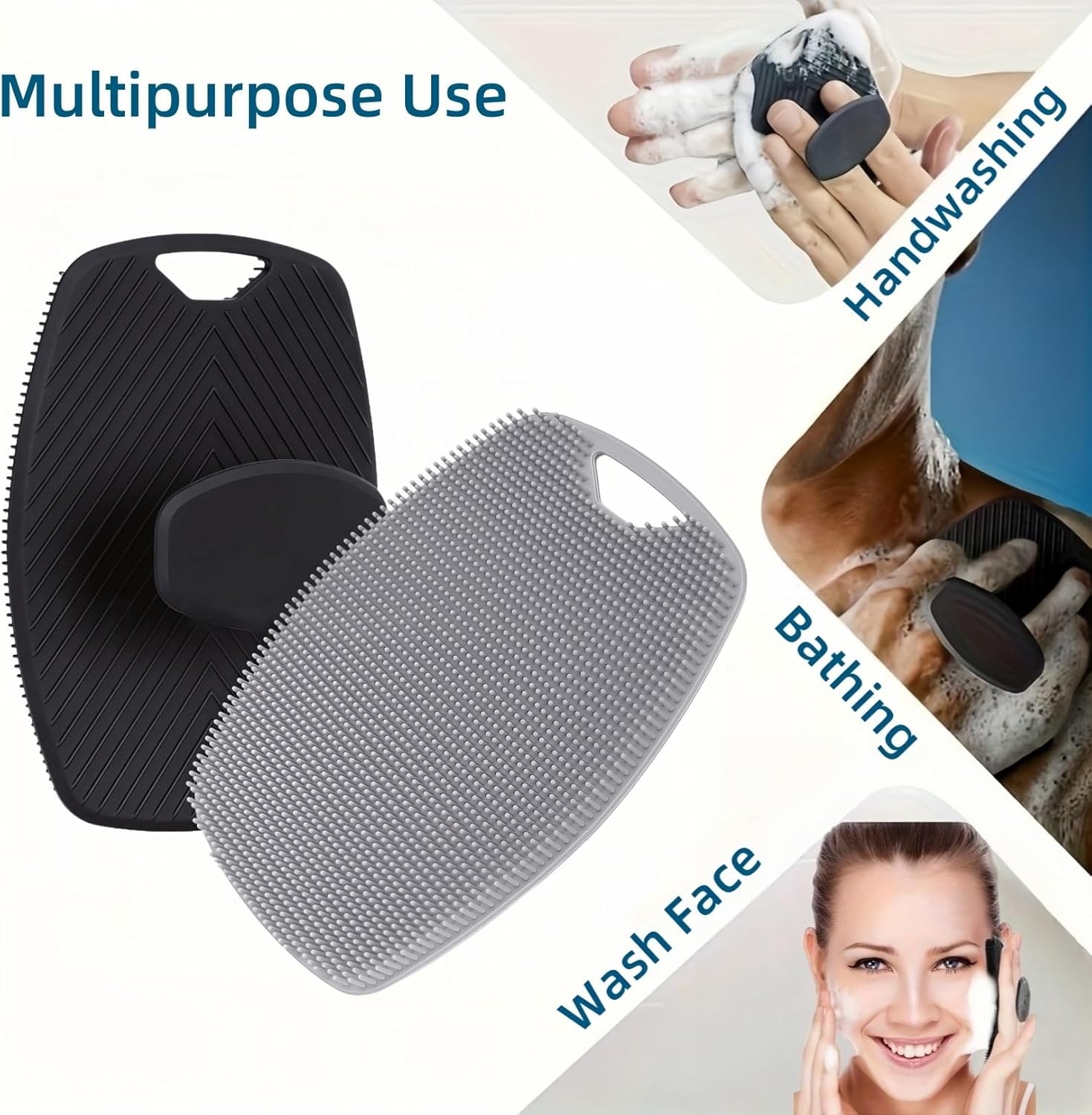 2 Pack Food-Grade Silicone Body Scrubber, Highly Elastic Bristles Handheld Brush for Shower, Lather Well and Gentle Exfoliating, Makes Skin Smooth, for Women and Men, Black and Gray-FemmiqueWomen