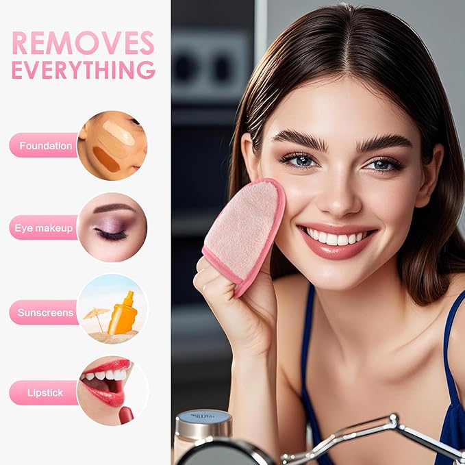 SINLAND Reusable Makeup Remover Pads For Face,Eye,Lips Microfiber Gentle Facial Cleansing Cloths for All Skin Types Friendly for Makeup Remover With Laundry Bag 5.1inchx3.93inch Pink Pack of 6-FemmiqueWomen