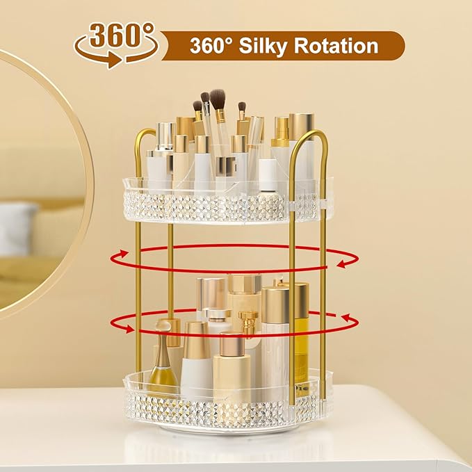 360 Rotating Makeup Organizer 2 Tier, Large Skincare Clear Make Up Storage Spinning Perfume Organizers for Bathroom Counter Dresser, White-FemmiqueWomen