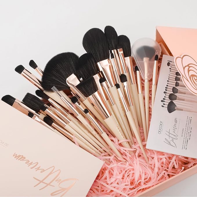 Docolor Makeup Brushes Set Professional 30Pcs Makeup Brushes Premium Synthetic Powder Kabuki Foundation Contour Blush Concealer Eye Shadow Blending Eyeliner Crease Eyebrow Make Up Brush Kit - Beige-FemmiqueWomen