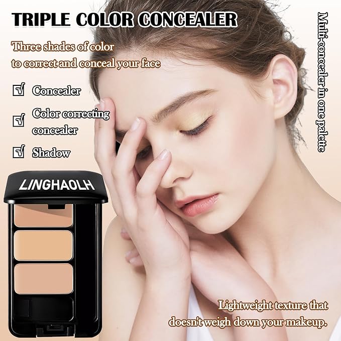 3 Colors Corrector Palette,Full Coverage Cream Concealer Liquid Foundation with Brush,Waterproof Color Correcting Concealer Long Lasting Foundation Contour Makeup Palette for Women-FemmiqueWomen
