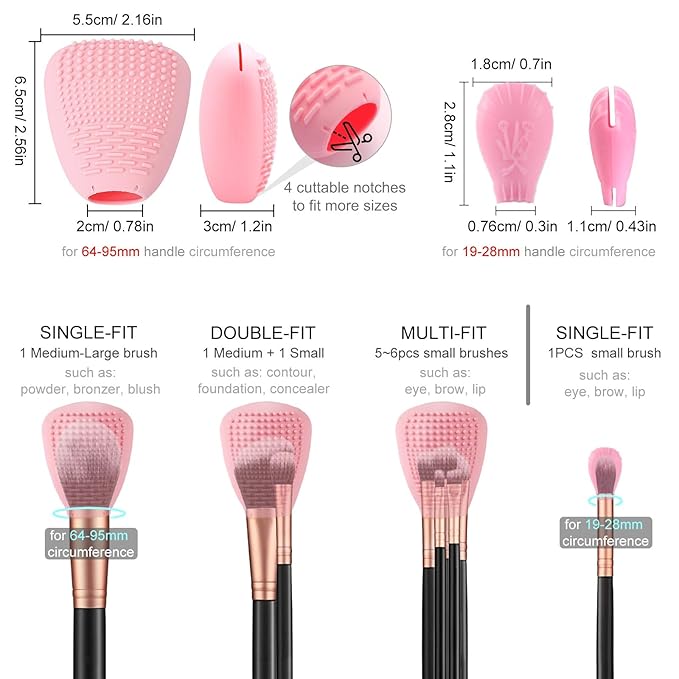 Silicone Travel Make-up Brush Holder with Cleaner Mat Pad, Organizer Case Covers for Foundation Eye Lip Brushes Storage Cleaning, Gift for Women Girl-friend Mother Wife, 5-Pcs Large + 7 Small, Pink-FemmiqueWomen