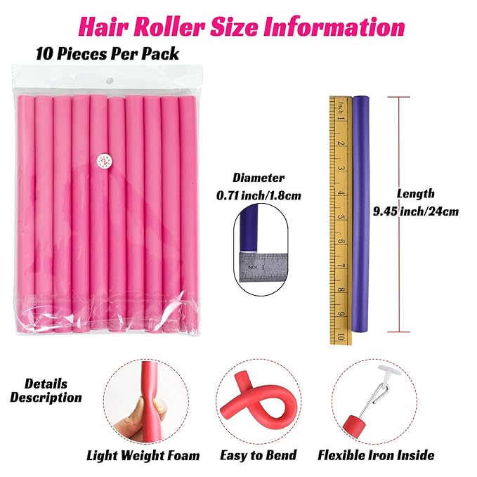 30PCS 9.45" Flexible Foam Curling Rods, Twist Heatless Hair Rollers for Women, Girls, Long and Short Hair, Sleep-In (0.71 x 9.45 Inch, Random Color)-FemmiqueWomen