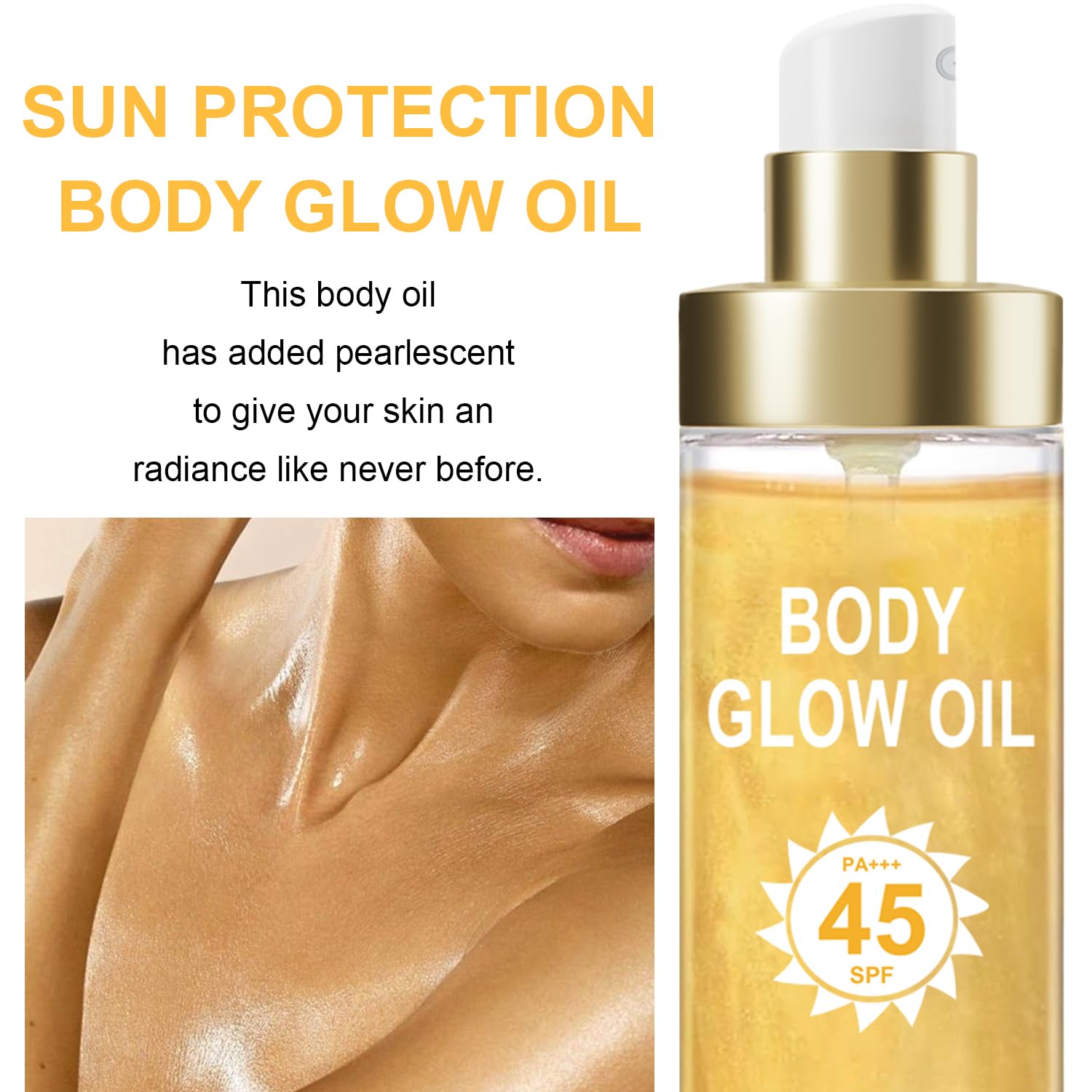 Body Glow Oil, Sunscreen Shimmer Oil, SPF 45 Broad Spectrum, Body Oil with with Coconut Oils, Moisturizing Glow for Face & Body, Liquid Illuminator Highlighter, Water Resistant, 3.72 fl oz (#1 GOLD)-FemmiqueWomen