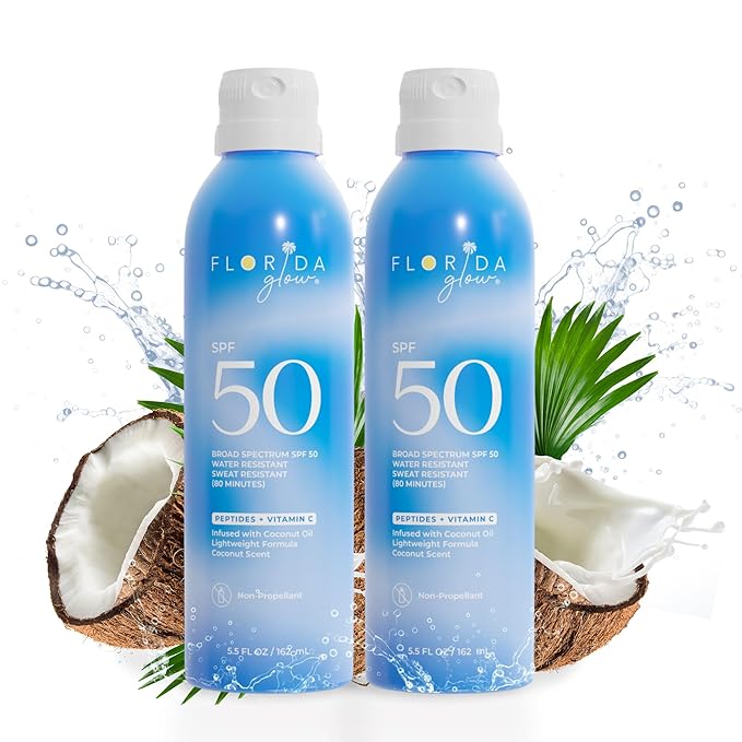 Florida Glow SPF 50 Sunscreen Spray- Hawaii 104 Reef Act & Florida Keys Compliant Broad Spectrum Water Resistant Sport Sun screen - Child Friendly PABA Free & Oxybenzone Free (5.5 Fl Oz 2-pack)-FemmiqueWomen