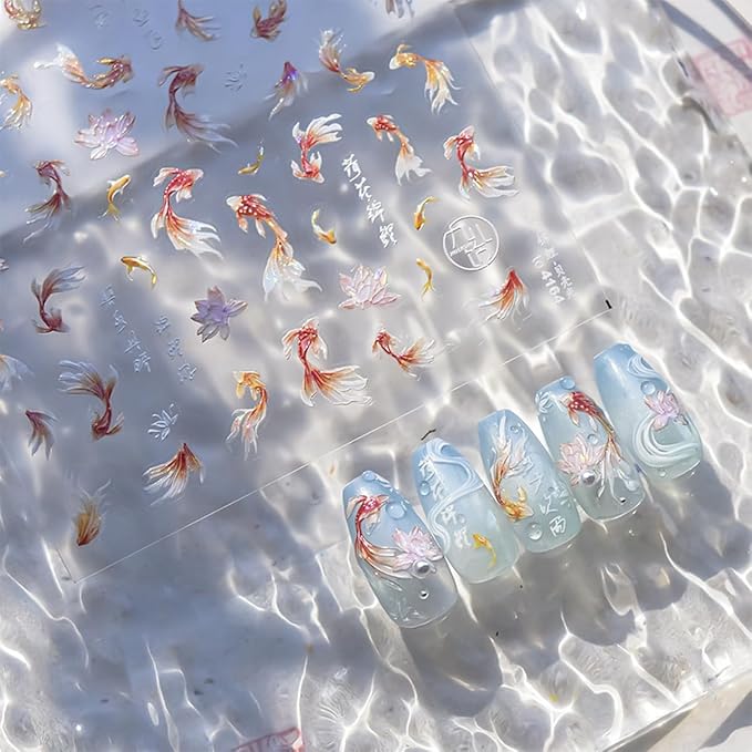 1 Sheets 5D Goldfish Nail Stickers for Nail Art Self Adhesive Embossed Lotus Flower Nail Art Stickers Shell Light Koi Design Nail Decals Nails Supplies for Women Girl DIY Nail Decoration