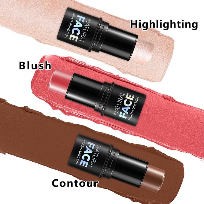 3Pcs Cream Contour Stick Makeup Kit, Shades with Highlighter Stick, Blush Stick and Bronzer Contour Stick for Sculpt the Cheeks, Long Lasting, Waterproof, Matte & Dewy Finish (LIGHT MEDIUM)-FemmiqueWomen