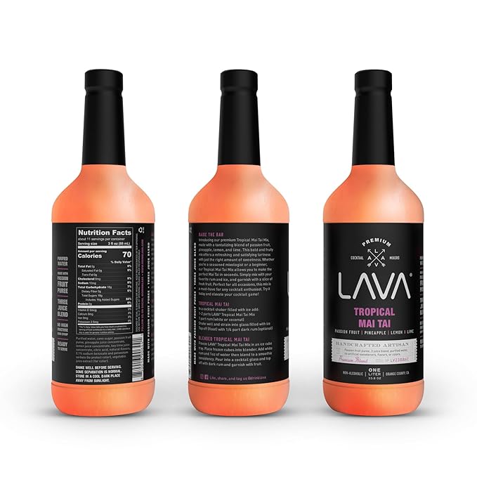 (3 Pack) LAVA Premium Tropical Mai Tai Cocktail Mix made with real passion fruit, pineapple, lemon and lime, no artificial sweeteners, 1-Liter (33.8oz) Glass Bottle, Ready to Use.-FemmiqueWomen