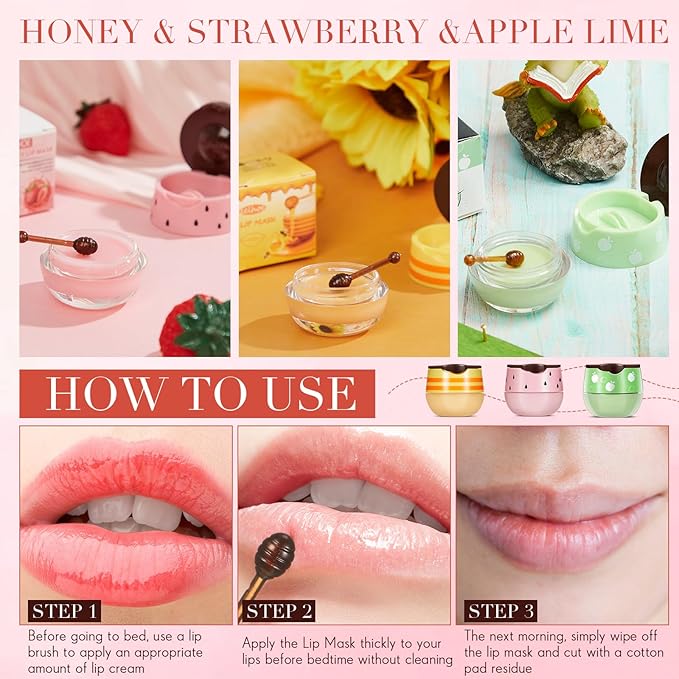 12 Pcs Bee Lip Balm Honey Pot with Brush Propolis Lip Mask Overnight, Moisturizing Hydrating Lip Sleeping Mask Prevention Dry and Cracked(Honey+Strawberry+Apple Lime)-FemmiqueWomen