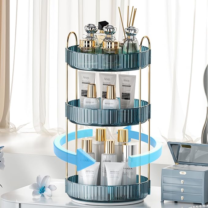 360° Rotating Makeup Organizer, Bathroom Organizers and Storage Holder Rack, Large Capacity Vanity Shelf Countertop, Fits Cosmetics, Perfume, Skin Care(Blue, 3 Tiers)-FemmiqueWomen
