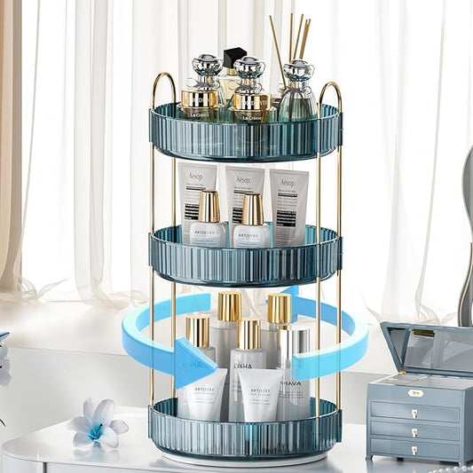 360° Rotating Makeup Organizer, Bathroom Organizers and Storage Holder Rack, Large Capacity Vanity Shelf Countertop, Fits Cosmetics, Perfume, Skin Care(Blue, 3 Tiers)-FemmiqueWomen