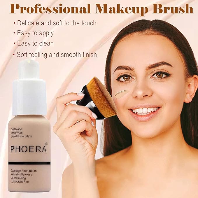 2 Pcs Liquid Foundation 101 and 102 with Kabuki Foundation Brush Flat Top,Full Coverage Foundation Makeup Set,30ml 24HR Matte Oil Control Concealer(Porcelain & Nude)-FemmiqueWomen