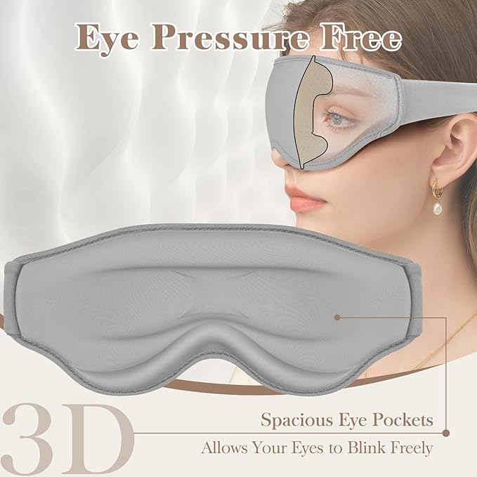 3D Cooling Eye Mask Sleep Mask for Men & Women, 100% Pressure-Free & Light Block-Out Eye Mask for Sleep with Easy Adjustable Strap, Night Eye Cover for Travel, Grey-FemmiqueWomen