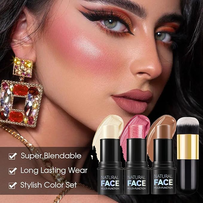 3Pcs Cream Contour Stick Makeup Kit - Cream Blush Stick Highlighter Stick Contour Bronzer Stick for Cheeks, Waterproof Long Lasting Blendable, Contour Stick Trio for Face Makeup (#01, 03, 04)-FemmiqueWomen