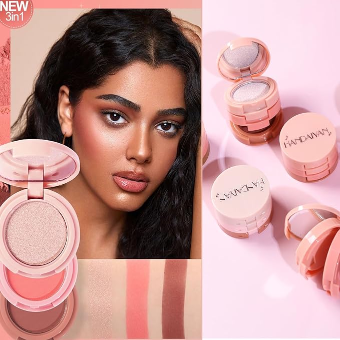 3-in-1 Blendable Trio, Contour and Highlight Blush Makeup Palette, Cream Bronzer, Silky Smooth Powder Blush, Shimmer Highlighter Makeup Powder, Pink Brown Eyeshadow Palette with Mirror(03)-FemmiqueWomen